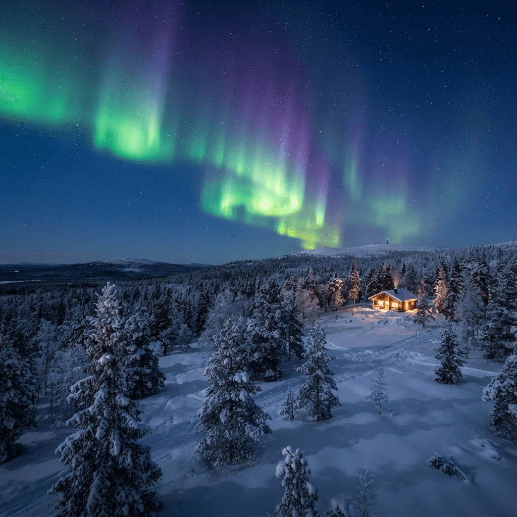 The northern lights over snow-covered forest near Rovaniemi